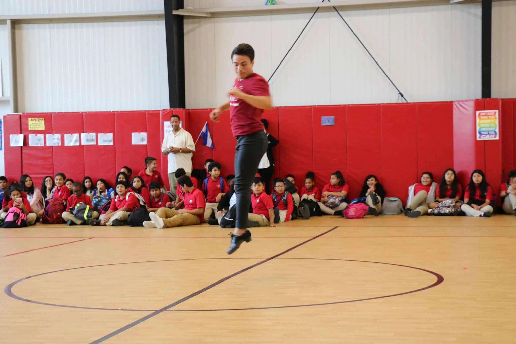 Salsa With Silvia instructor Mario Cervantes performs salsa for the Cesar Chaves students, staff and teachers to help them celebrate Hispanic Heritage Month.