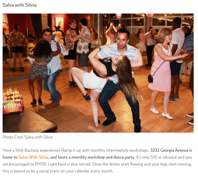 Salsa With Silvia Featured on DC Frye as one of the top places to go salsa social dancing in the DMV.